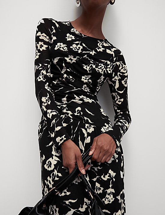 Gaun Skater Midi Jersey Jaring Bermotif