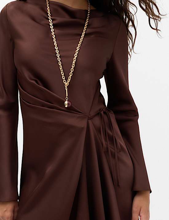 Satin Cowl Neck Mini Tie Detail Waisted Dress