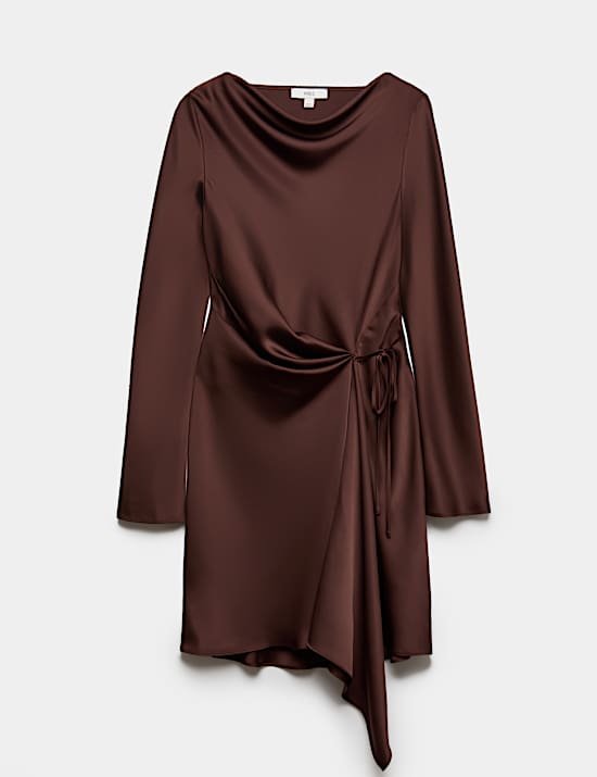 Satin Cowl Neck Mini Tie Detail Waisted Dress