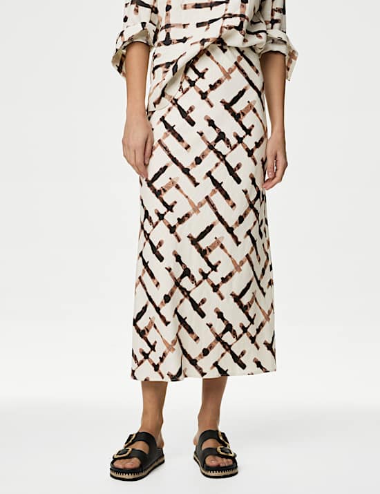 Linen Blend Printed Maxi Slip Skirt