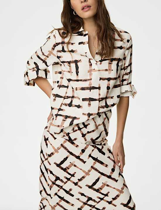 Linen Blend Printed Maxi Slip Skirt