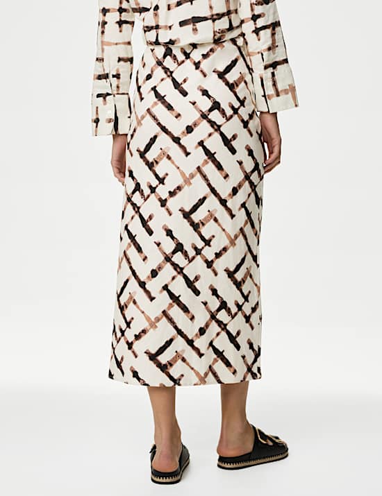 Linen Blend Printed Maxi Slip Skirt