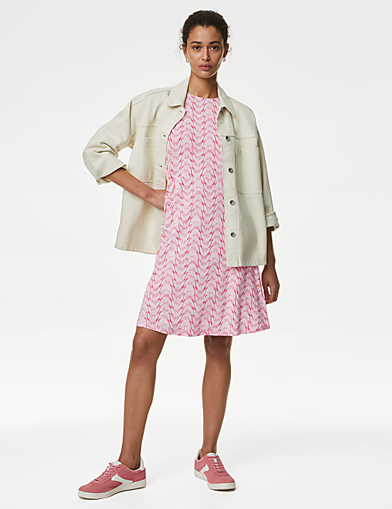 Gaun Skater Mini Jersey Leher Bundar Bermotif