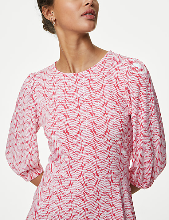 Gaun Skater Mini Jersey Leher Bundar Bermotif