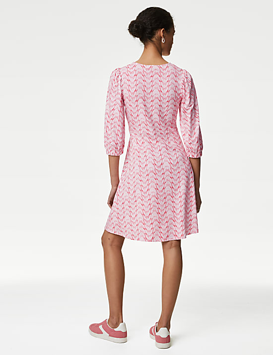 Gaun Skater Mini Jersey Leher Bundar Bermotif