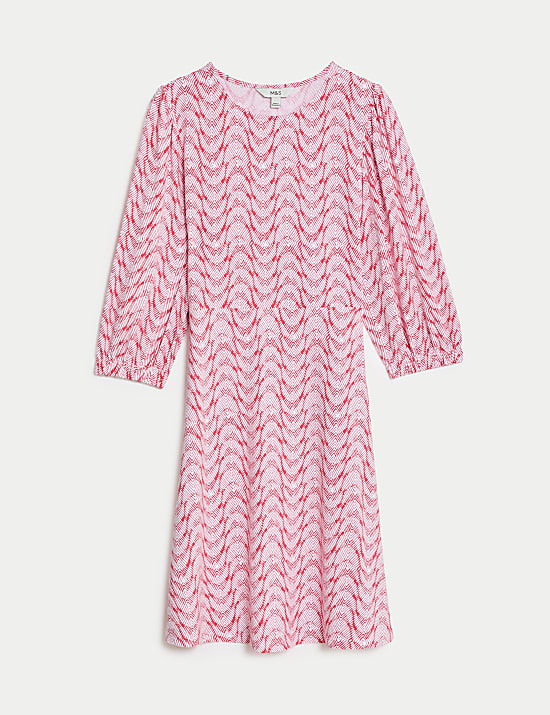 Gaun Skater Mini Jersey Leher Bundar Bermotif