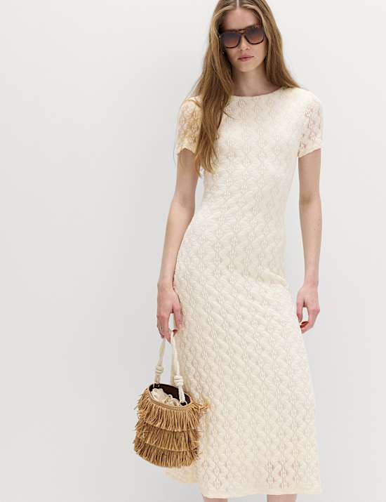 Jersey Lace Round Neck Midi Column Dress