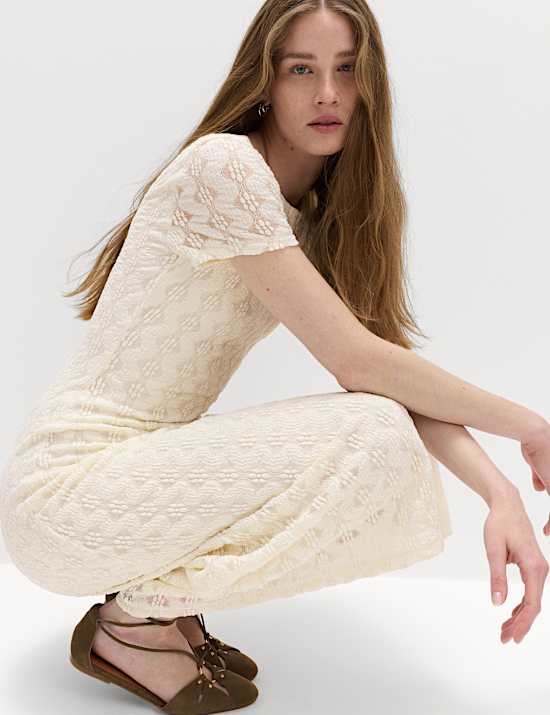 Jersey Lace Round Neck Midi Column Dress