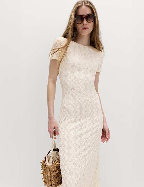 Jersey Lace Round Neck Midi Column Dress