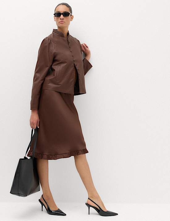 Satin Ruffle Hem Midi Slip Skirt