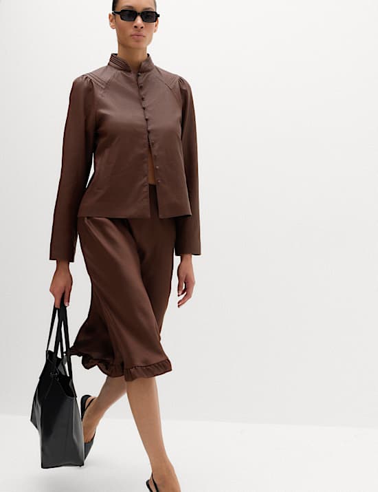 Satin Ruffle Hem Midi Slip Skirt