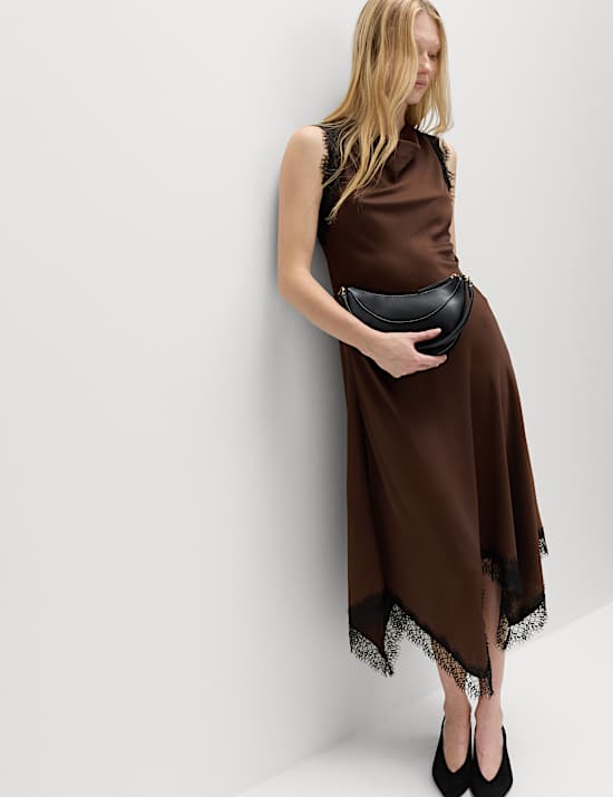 Vestido midi lencero con cuello vuelto y detalles de encaje