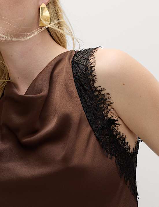 Vestido midi lencero con cuello vuelto y detalles de encaje