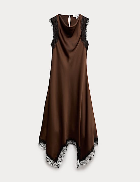 Cowl Neck Lace Detail Midi Slip Dress