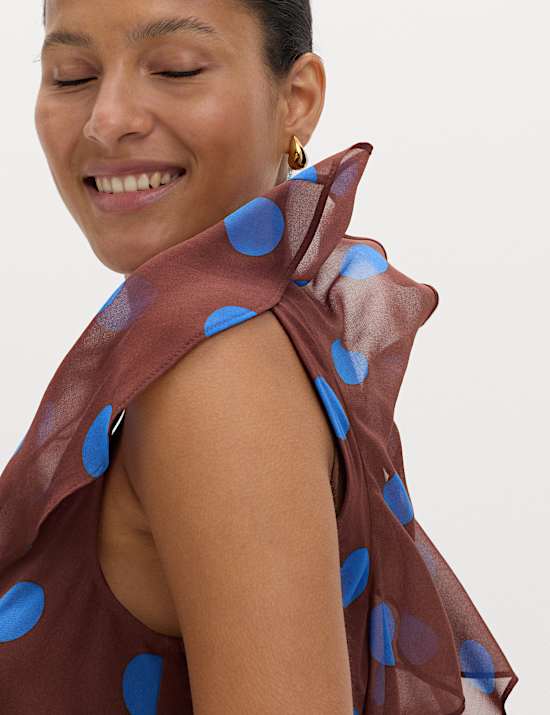 Polka Dot V-Neck Frill Sleeve Midi Column Dress