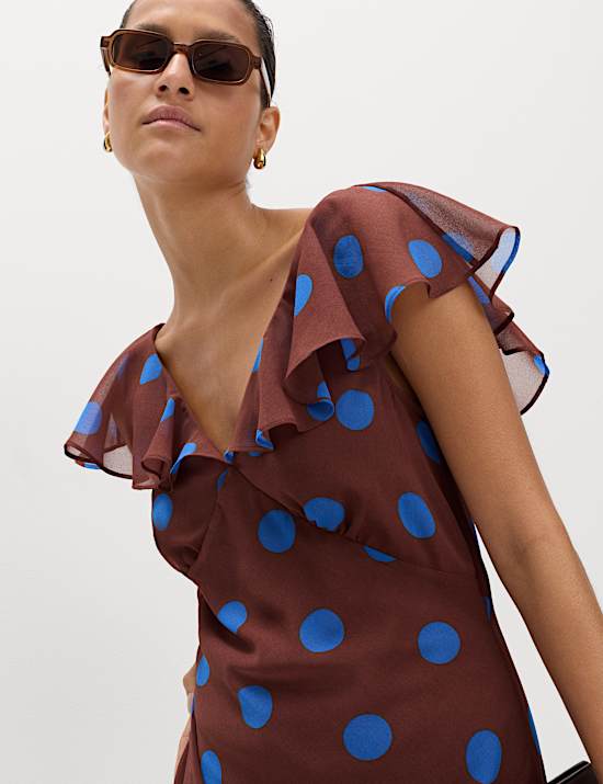 Polka Dot V-Neck Frill Sleeve Midi Column Dress