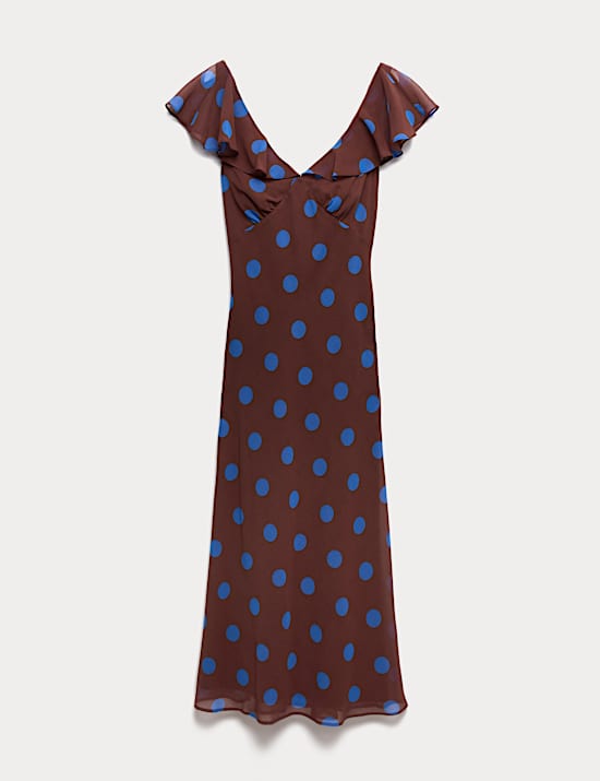 Polka Dot V-Neck Frill Sleeve Midi Column Dress