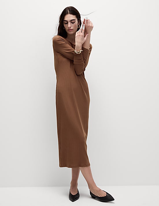 Cotton Blend Round Neck Midi Column Dress