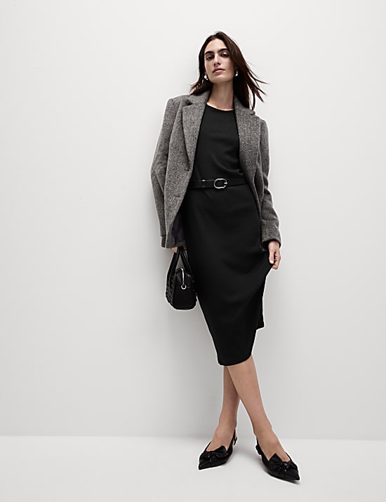 Cotton Blend Round Neck Midi Column Dress