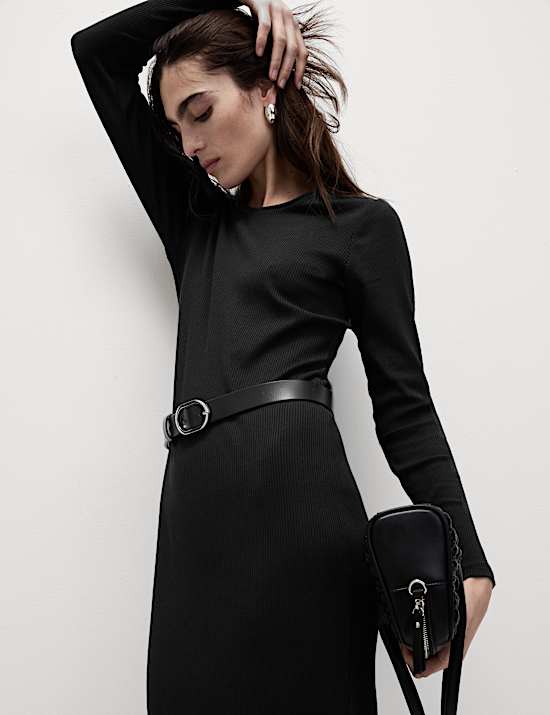 Cotton Blend Round Neck Midi Column Dress