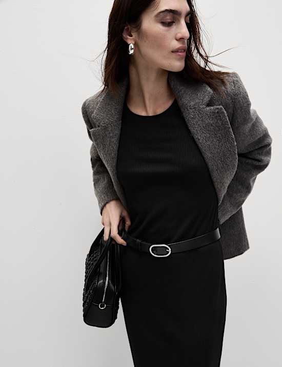 Cotton Blend Round Neck Midi Column Dress