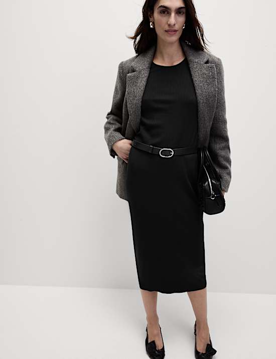 Cotton Blend Round Neck Midi Column Dress