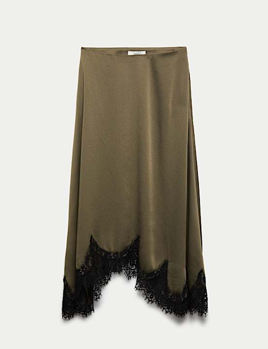 Lace Hem Midi Asymmetric Skirt