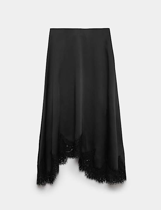 Falda asim&eacute;trica midi con bajo de encaje