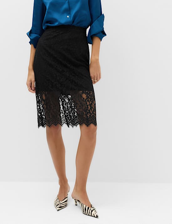 Cotton Blend Lace Knee Length Pencil Skirt