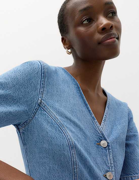 Denim V-Neck Button Through Mini Swing Dress