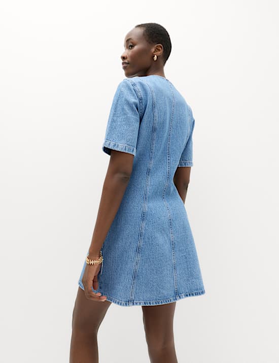 Denim V-Neck Button Through Mini Swing Dress