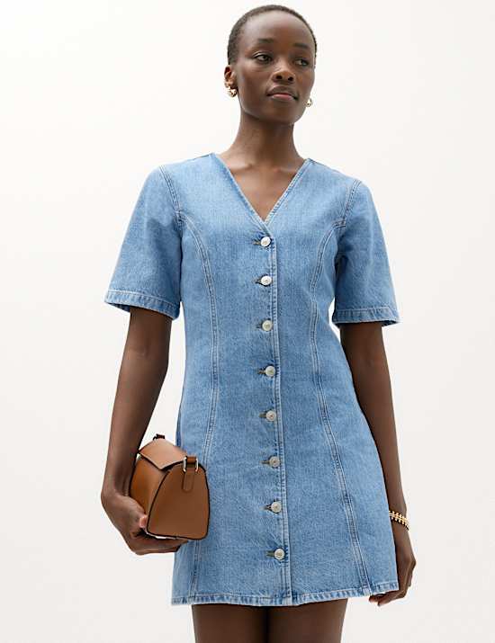 Denim V-Neck Button Through Mini Swing Dress