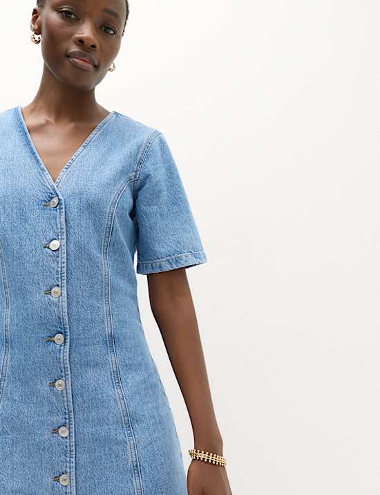 Denim V-Neck Button Through Mini Swing Dress