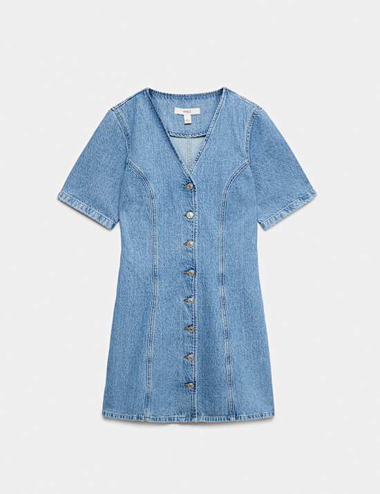 Denim V-Neck Button Through Mini Swing Dress
