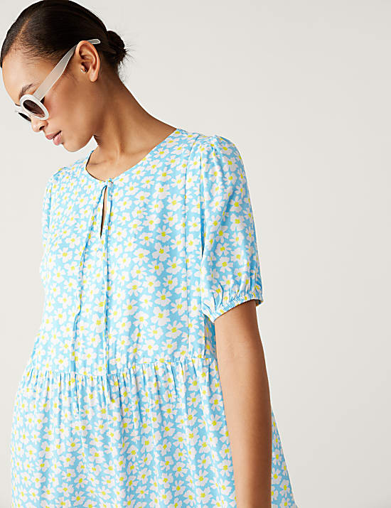 Printed Tie Neck Mini Tiered Dress