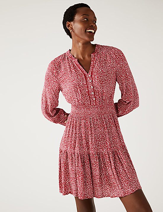 Printed V-Neck Mini Waisted Dress