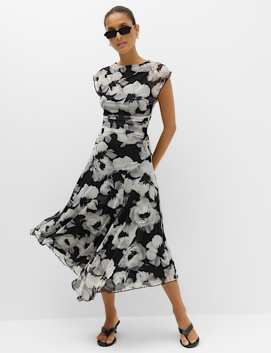 Mesh Floral Ruched Midi Waisted Dress