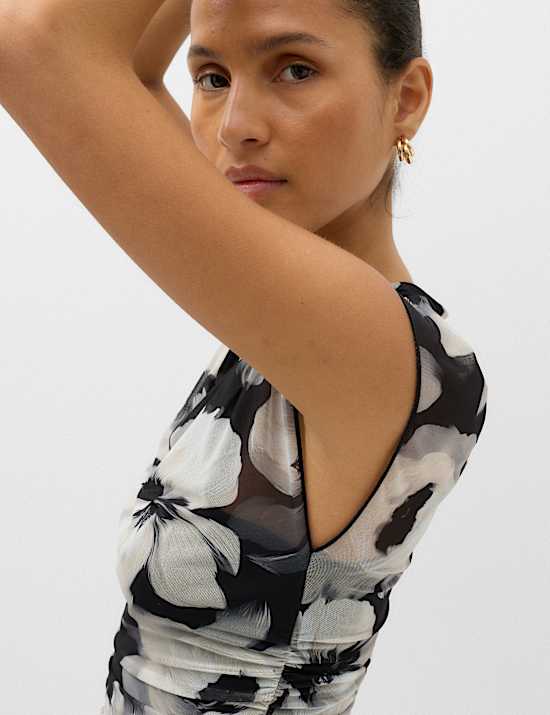 Mesh Floral Ruched Midi Waisted Dress
