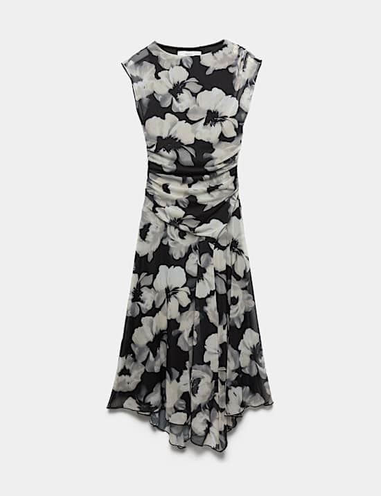 Mesh Floral Ruched Midi Waisted Dress