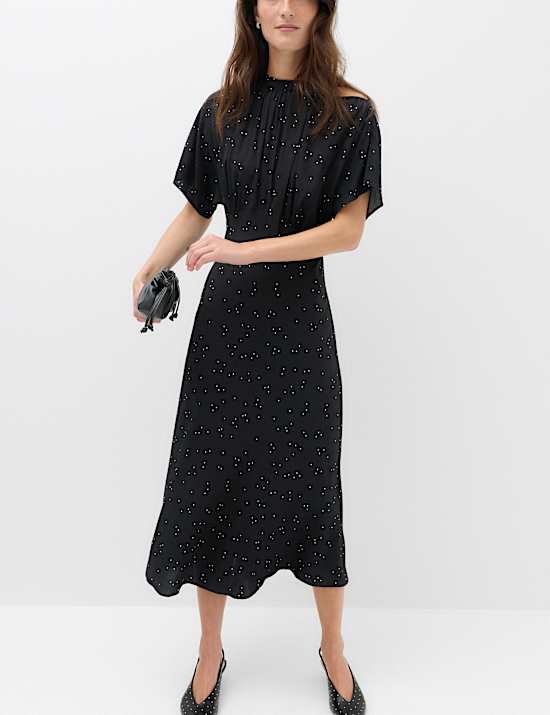 Polka Dot Tie Neck Midi Tea Dress