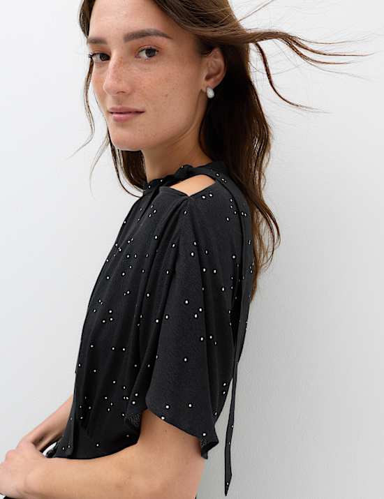 Polka Dot Tie Neck Midi Tea Dress