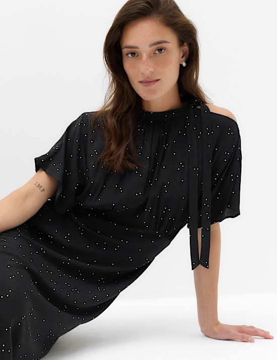Polka Dot Tie Neck Midi Tea Dress