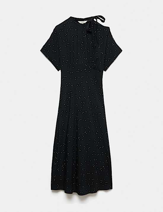 Polka Dot Tie Neck Midi Tea Dress