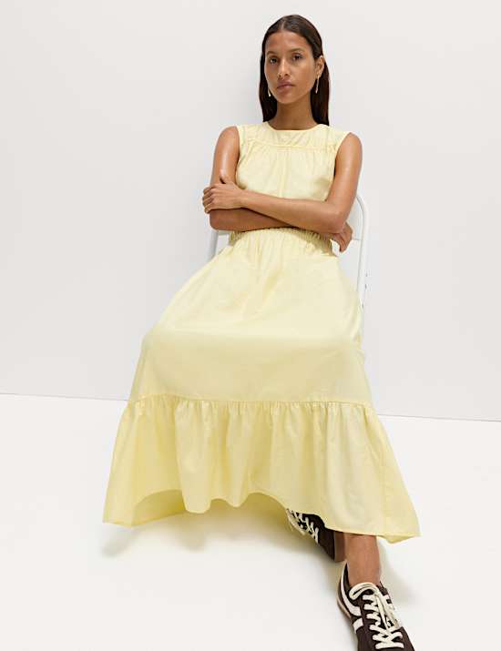 Pure Cotton Frill Hem Midaxi Waisted Dress