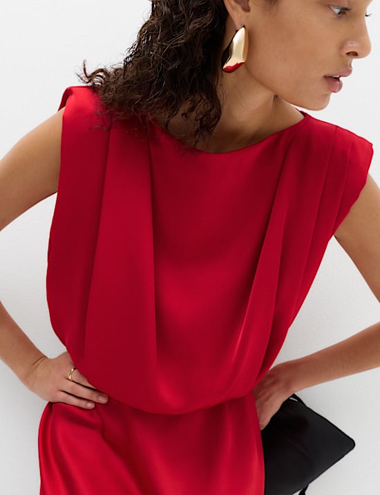 Satin Pleat Detail Midaxi Waisted Dress