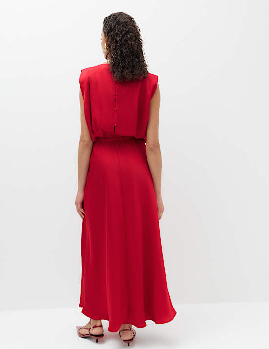 Satin Pleat Detail Midaxi Waisted Dress