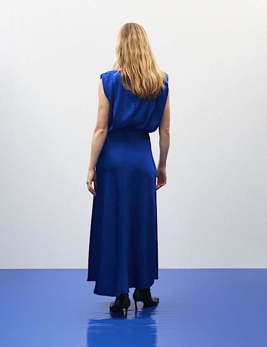 Satin Pleat Detail Midaxi Waisted Dress