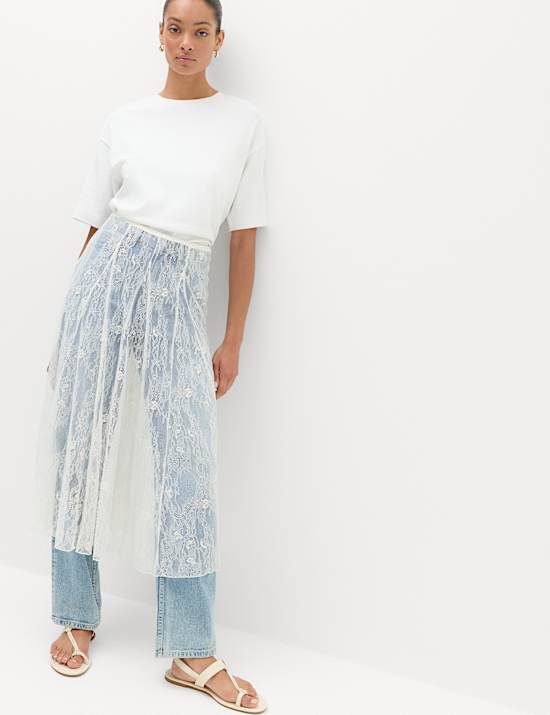 Cotton Blend Lace Midi Circle Skirt