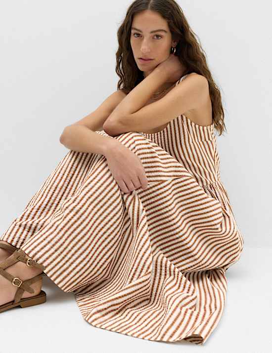 Pure Cotton Striped Midi Waisted Dress