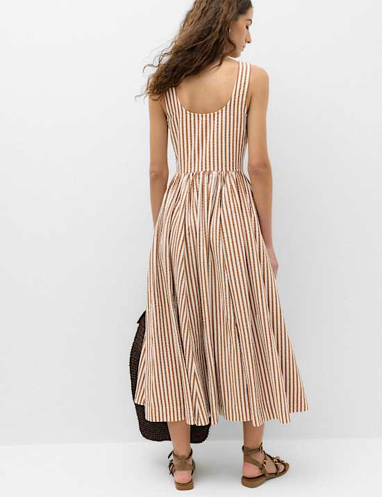 Pure Cotton Striped Midi Waisted Dress